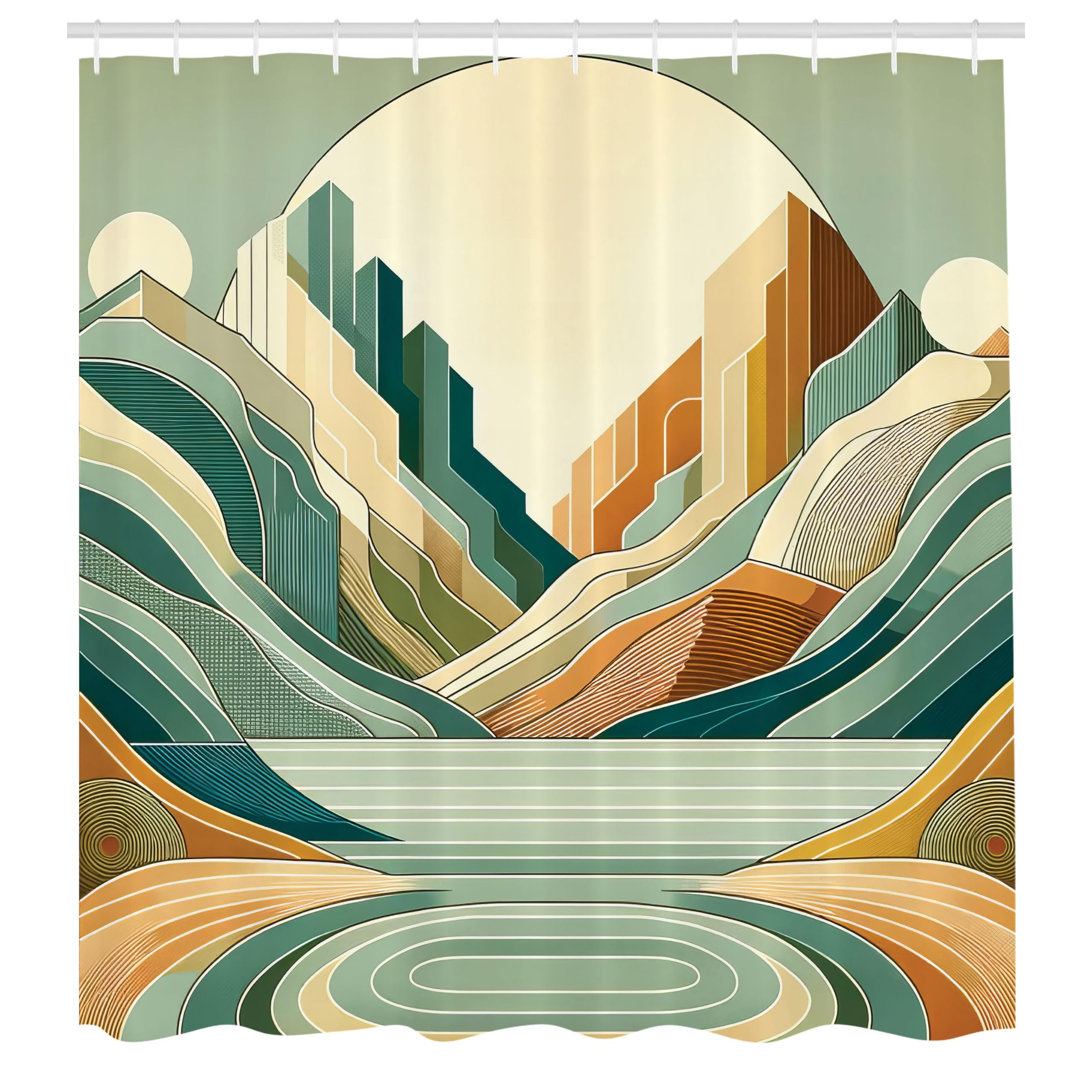 Ambesonne Lake Shower Curtain, Pastel Colored Landscape Of Rising Mountains And Hills In Circular Motifs, Cloth Fabric Bathroom